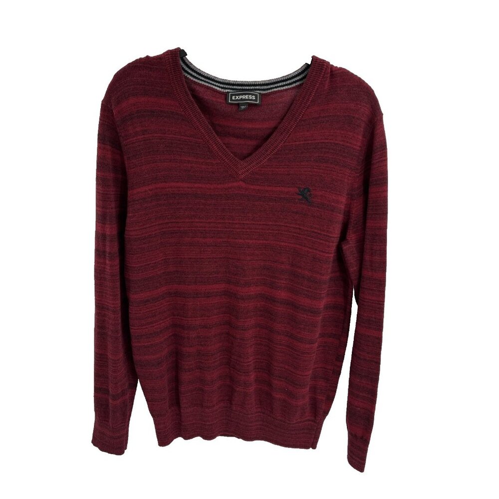 Express Mens Size S Red V Neck Sweater Long Sleeve Knit Pullover Logo